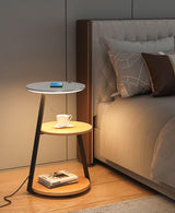 Modern Tiered LED Torchiere Floor Lamp with QI Wireless Charging and Wood Accents