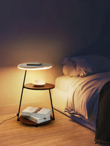 Modern Tiered LED Torchiere Floor Lamp with QI Wireless Charging and Wood Accents