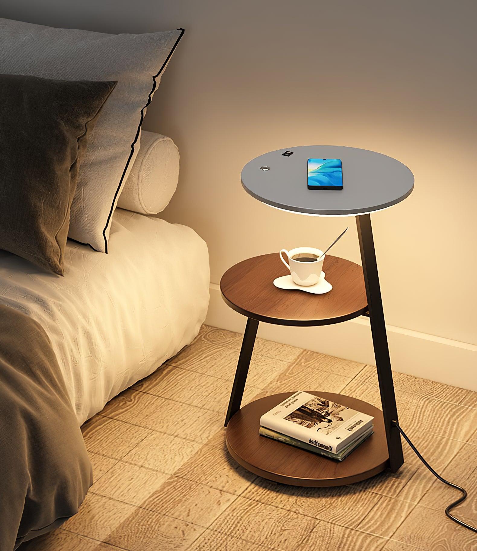 Modern Tiered LED Torchiere Floor Lamp with QI Wireless Charging and Wood Accents