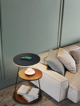 Modern Tiered LED Torchiere Floor Lamp with QI Wireless Charging and Wood Accents
