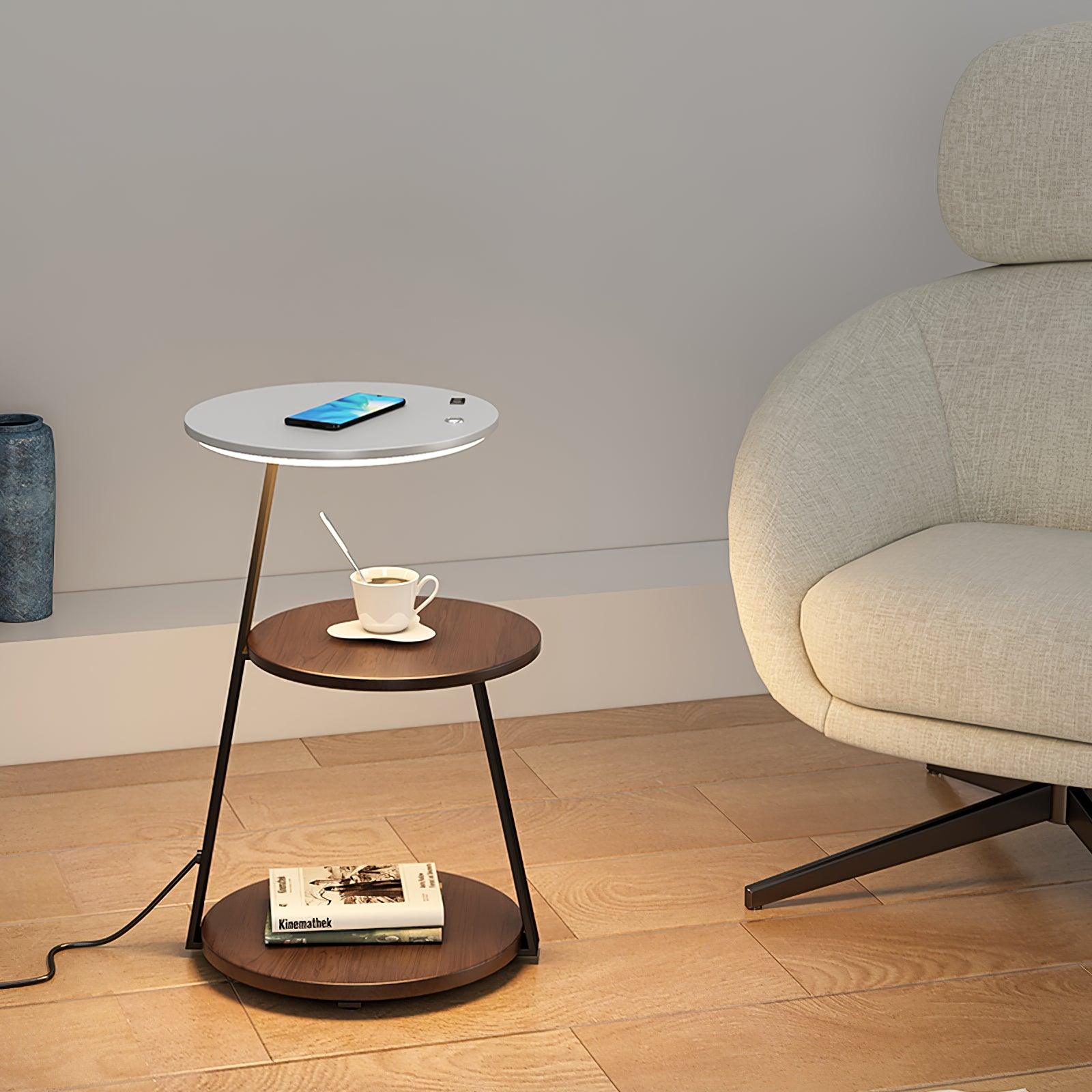 Modern Tiered LED Torchiere Floor Lamp with QI Wireless Charging and Wood Accents