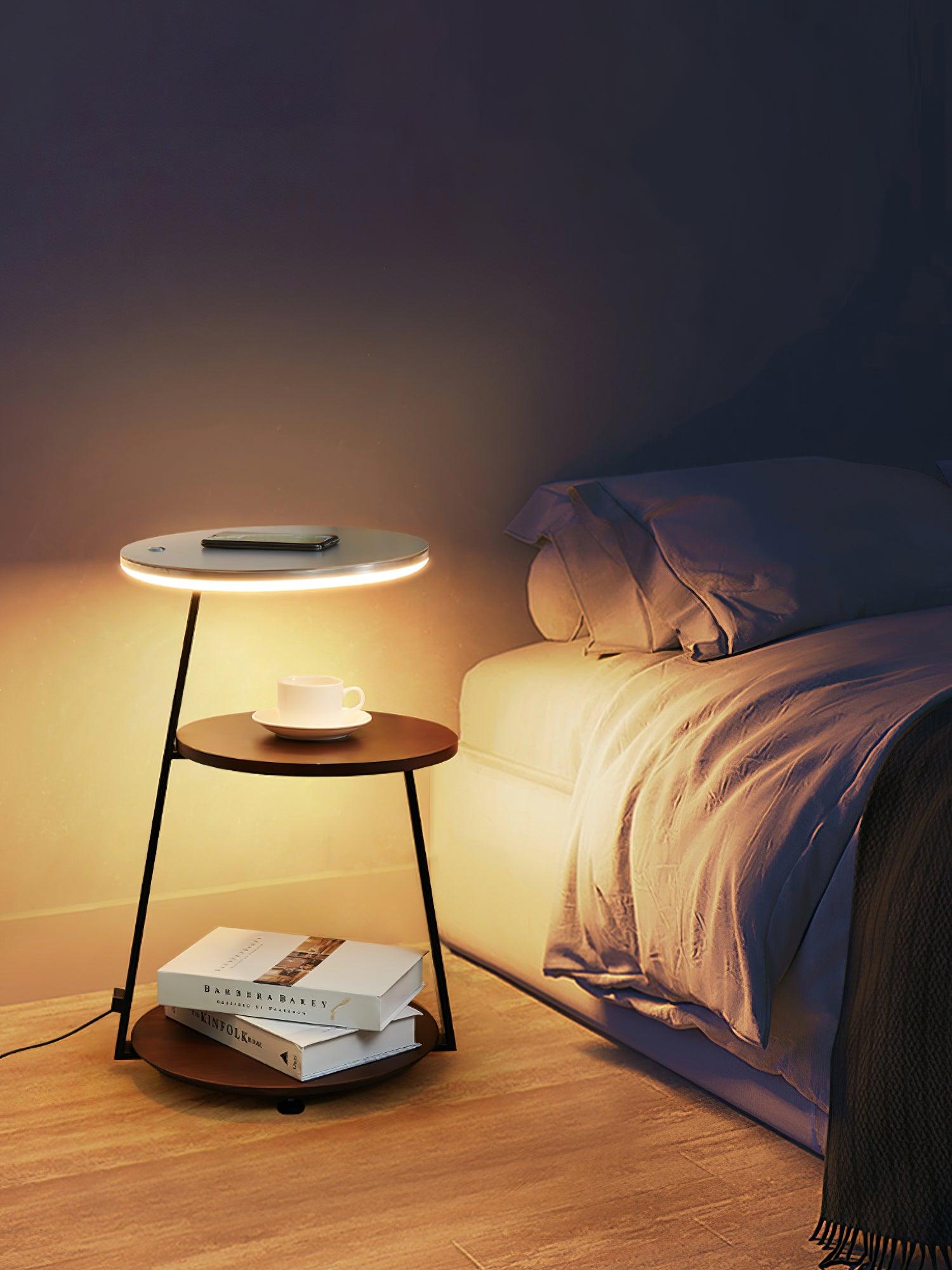 Modern Tiered LED Torchiere Floor Lamp with QI Wireless Charging and Wood Accents