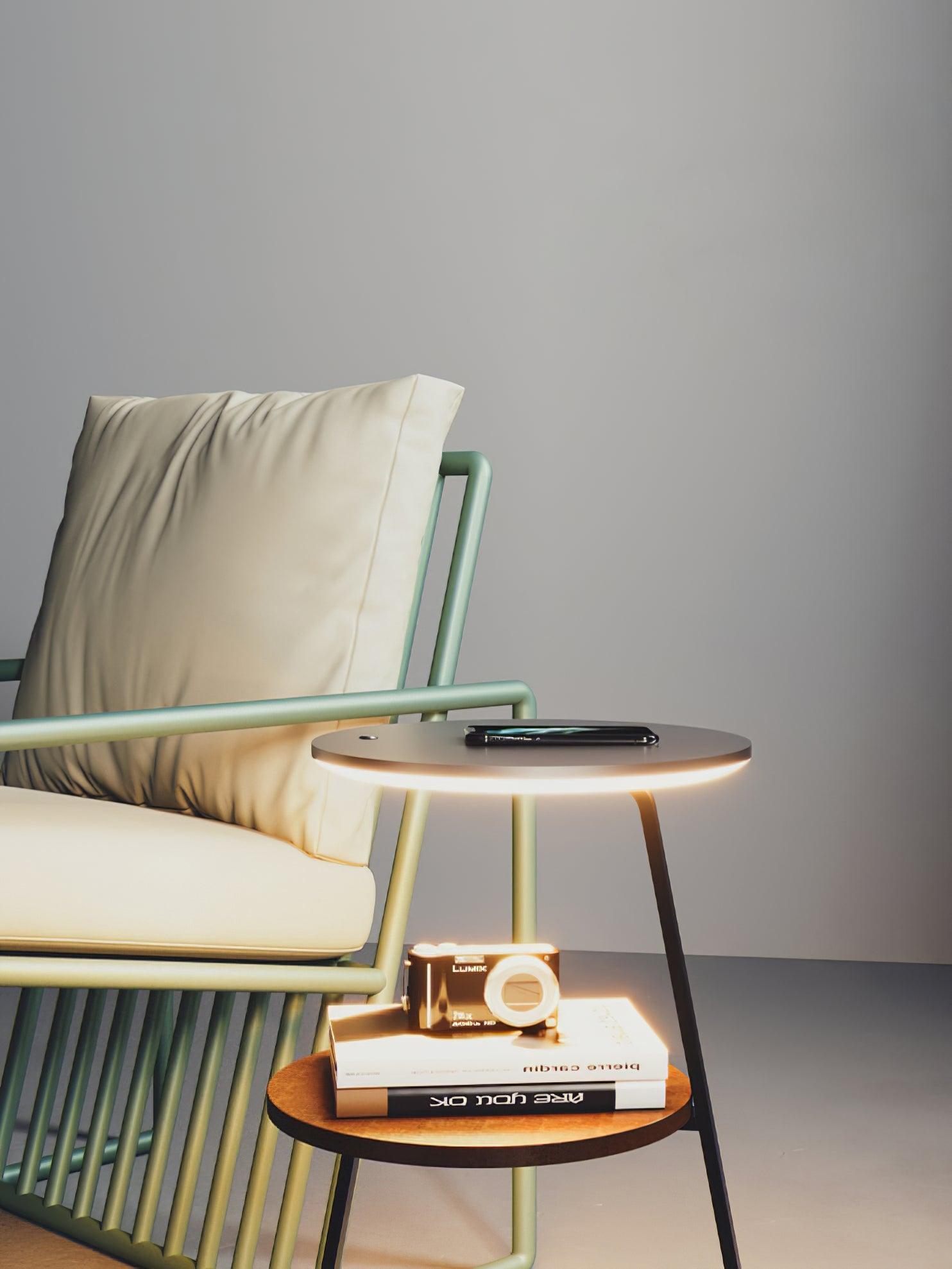 Modern Tiered LED Torchiere Floor Lamp with QI Wireless Charging and Wood Accents