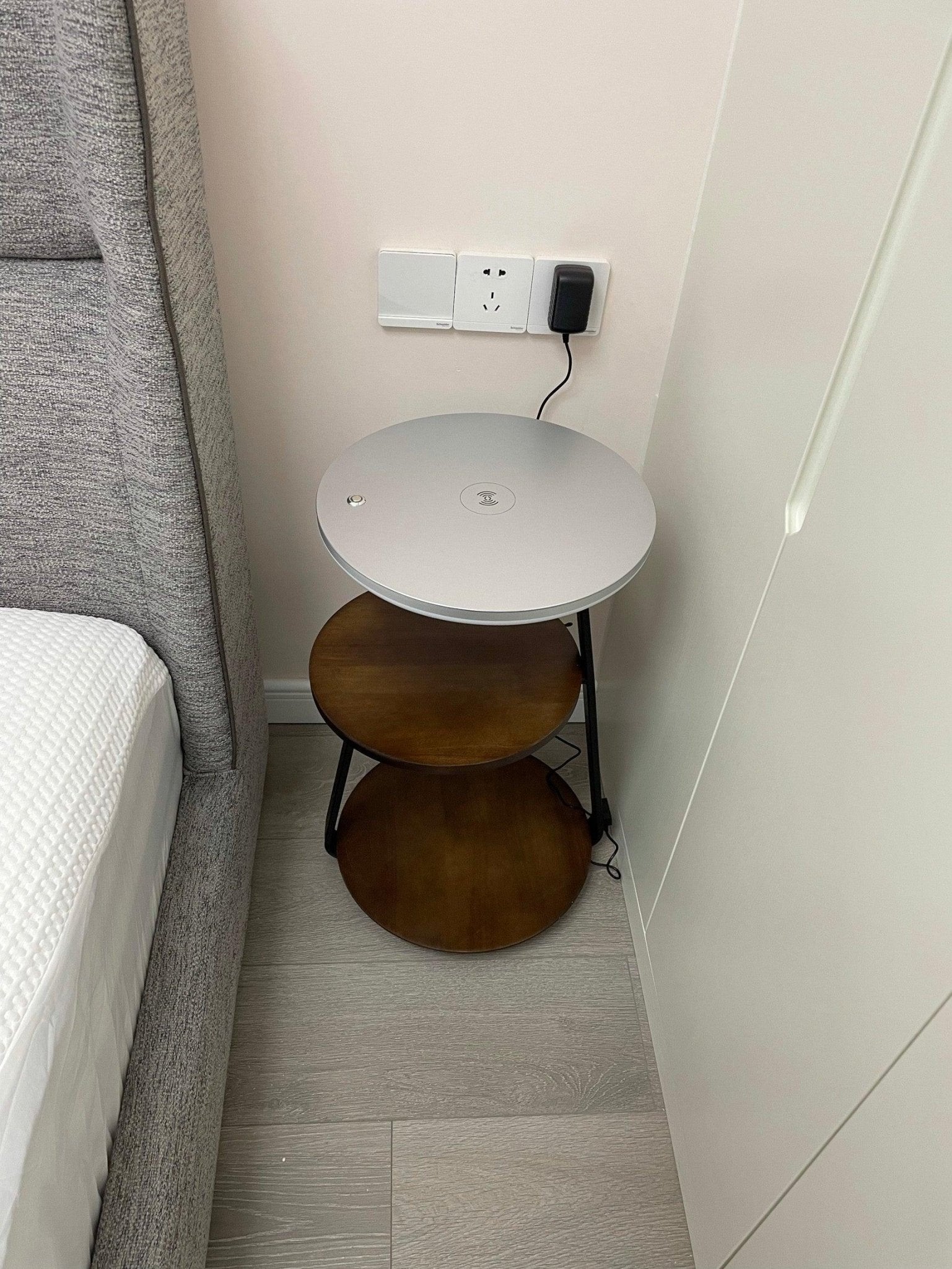 Modern Tiered LED Torchiere Floor Lamp with QI Wireless Charging and Wood Accents