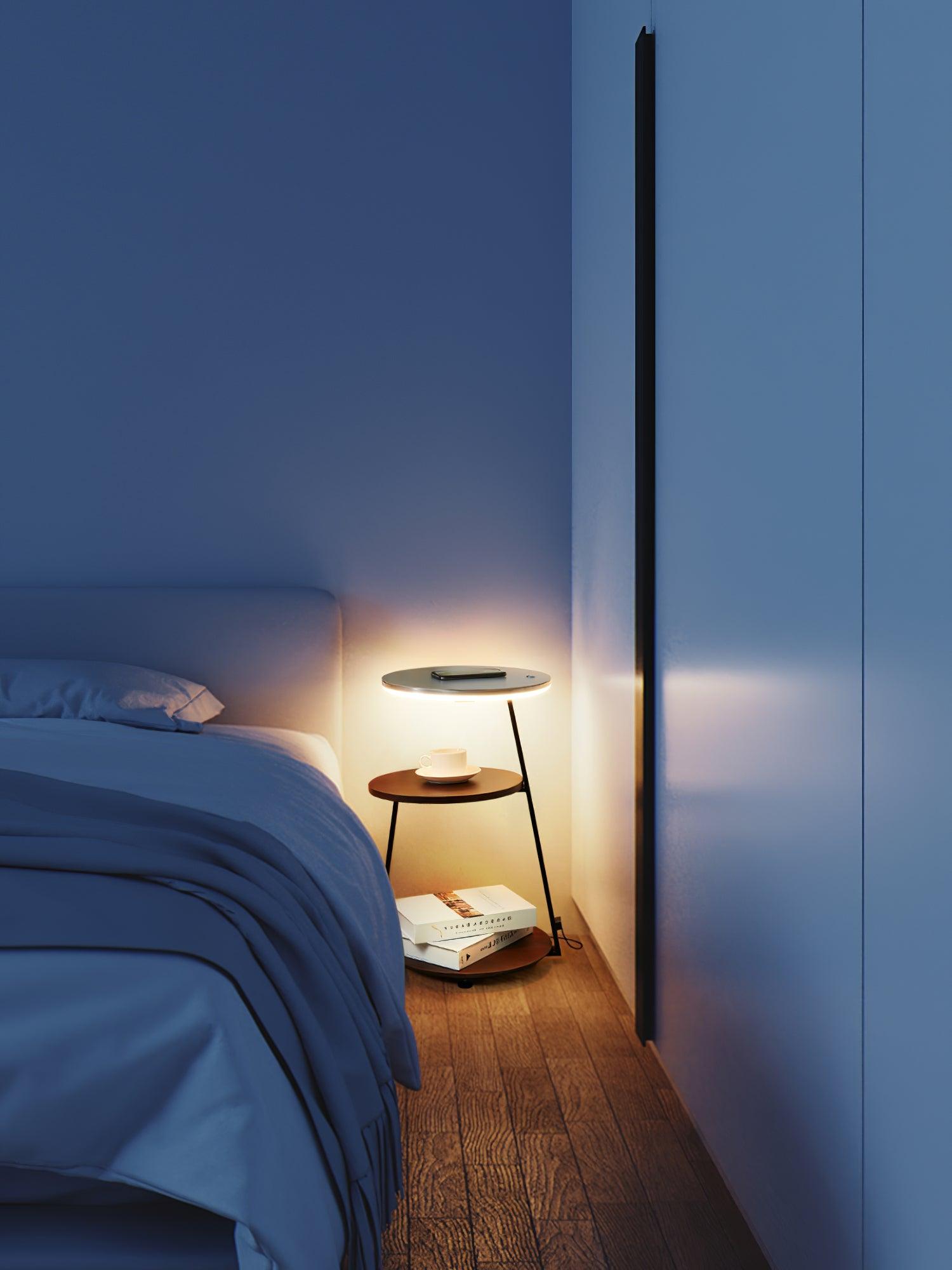 Modern Tiered LED Torchiere Floor Lamp with QI Wireless Charging and Wood Accents