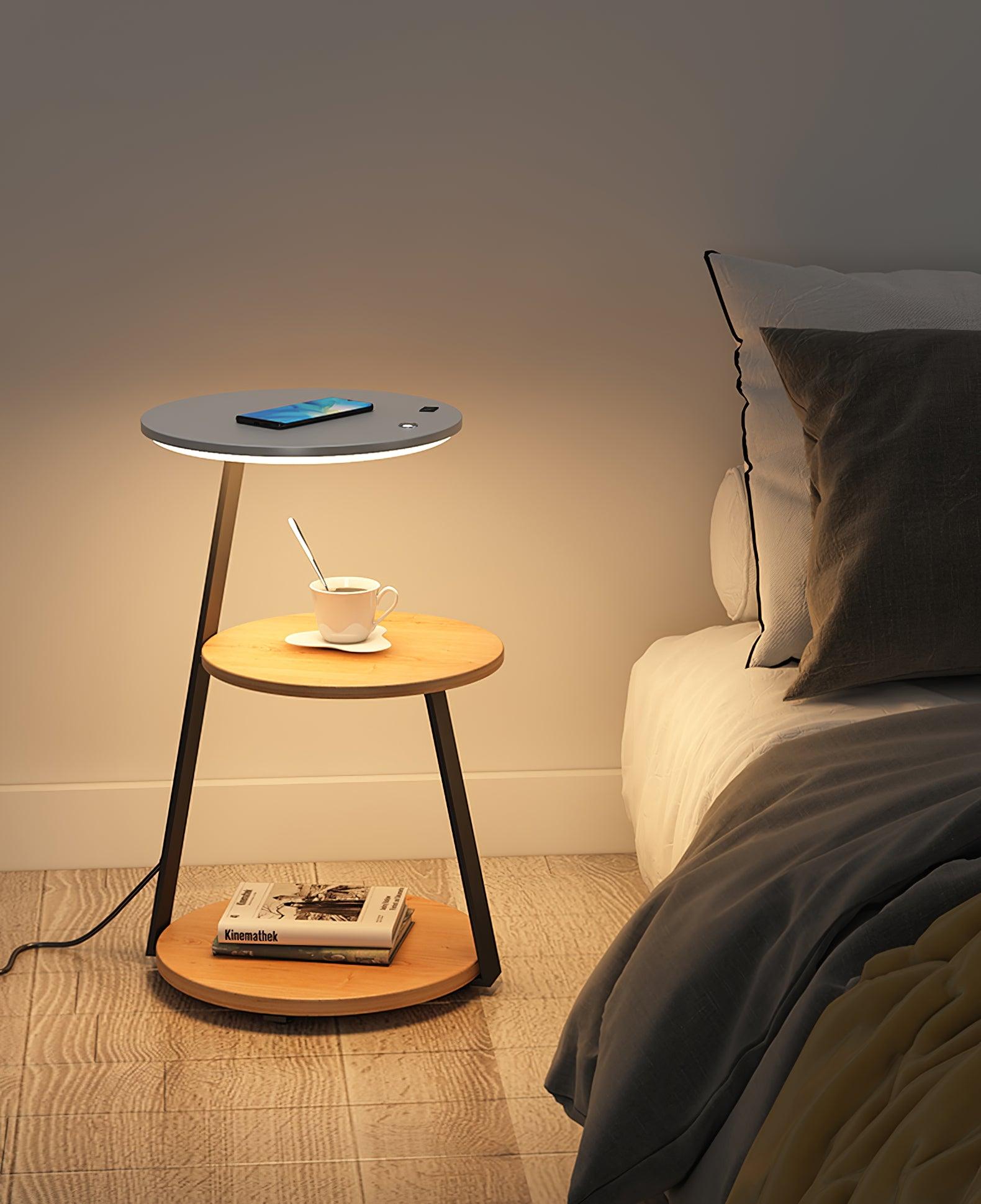 Modern Tiered LED Torchiere Floor Lamp with QI Wireless Charging and Wood Accents