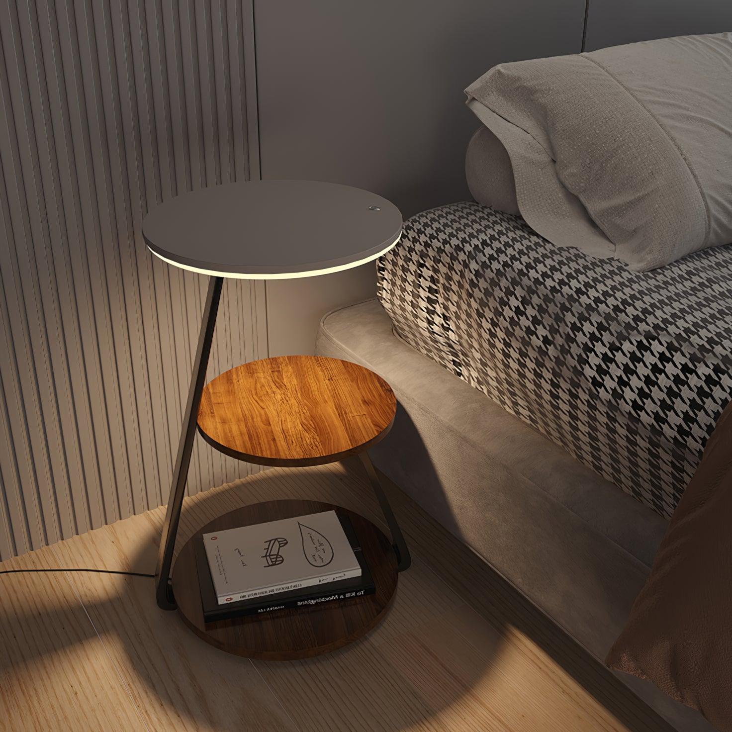 Modern Tiered LED Torchiere Floor Lamp with QI Wireless Charging and Wood Accents