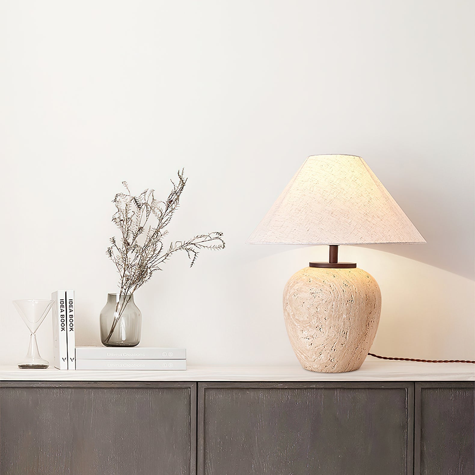 Modern Natural Yellow Travertine Table Lamp with White Fabric Shade for Bedroom and Living Room