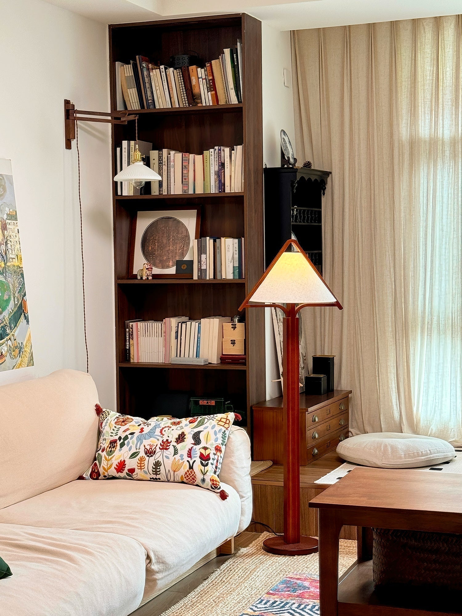 Modern Triangular Shade Tripod Floor Lamp with Walnut Wood Base for Living Room