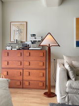 Modern Triangular Shade Tripod Floor Lamp with Walnut Wood Base for Living Room