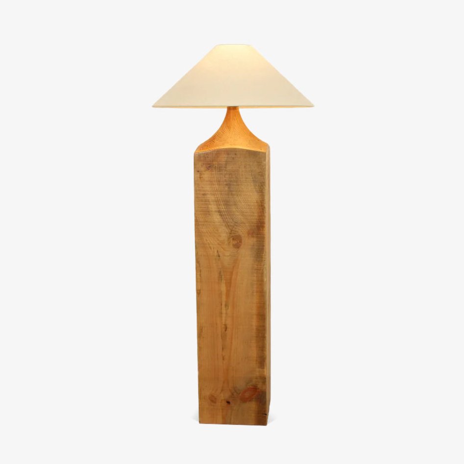 Rustic Wood Floor Lamp with Organic Texture and Beige Fabric Shade Standing Reading Light
