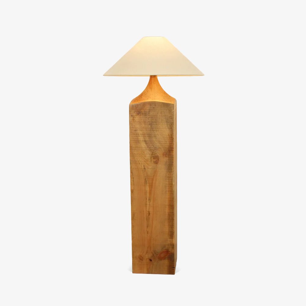 Rustic Wood Floor Lamp with Organic Texture and Beige Fabric Shade Standing Reading Light
