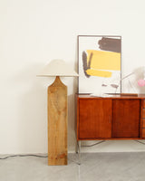 Rustic Wood Floor Lamp with Organic Texture and Beige Fabric Shade Standing Reading Light