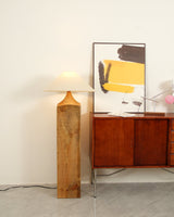 Rustic Wood Floor Lamp with Organic Texture and Beige Fabric Shade Standing Reading Light