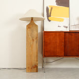 Rustic Wood Floor Lamp with Organic Texture and Beige Fabric Shade Standing Reading Light