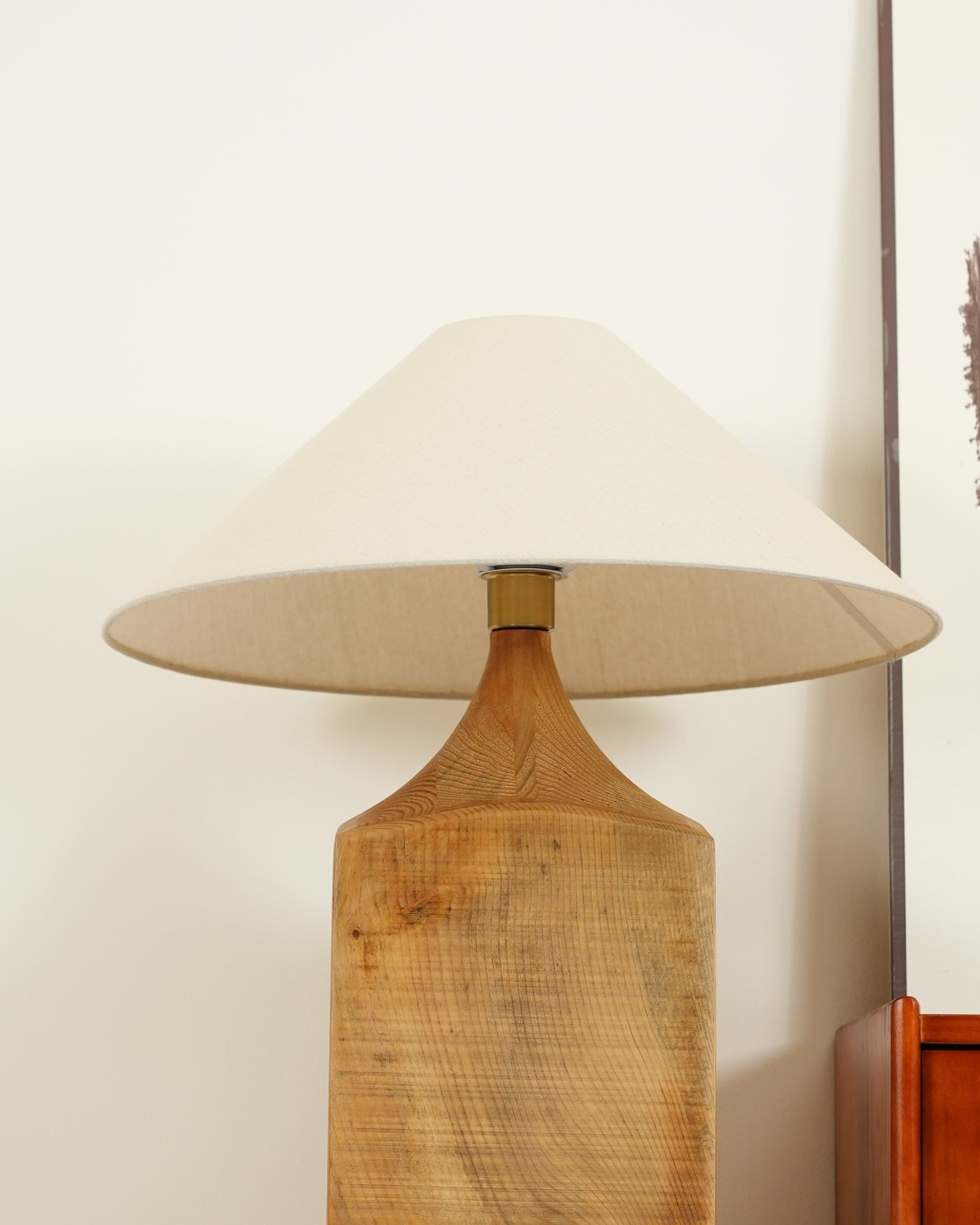 Rustic Wood Floor Lamp with Organic Texture and Beige Fabric Shade Standing Reading Light