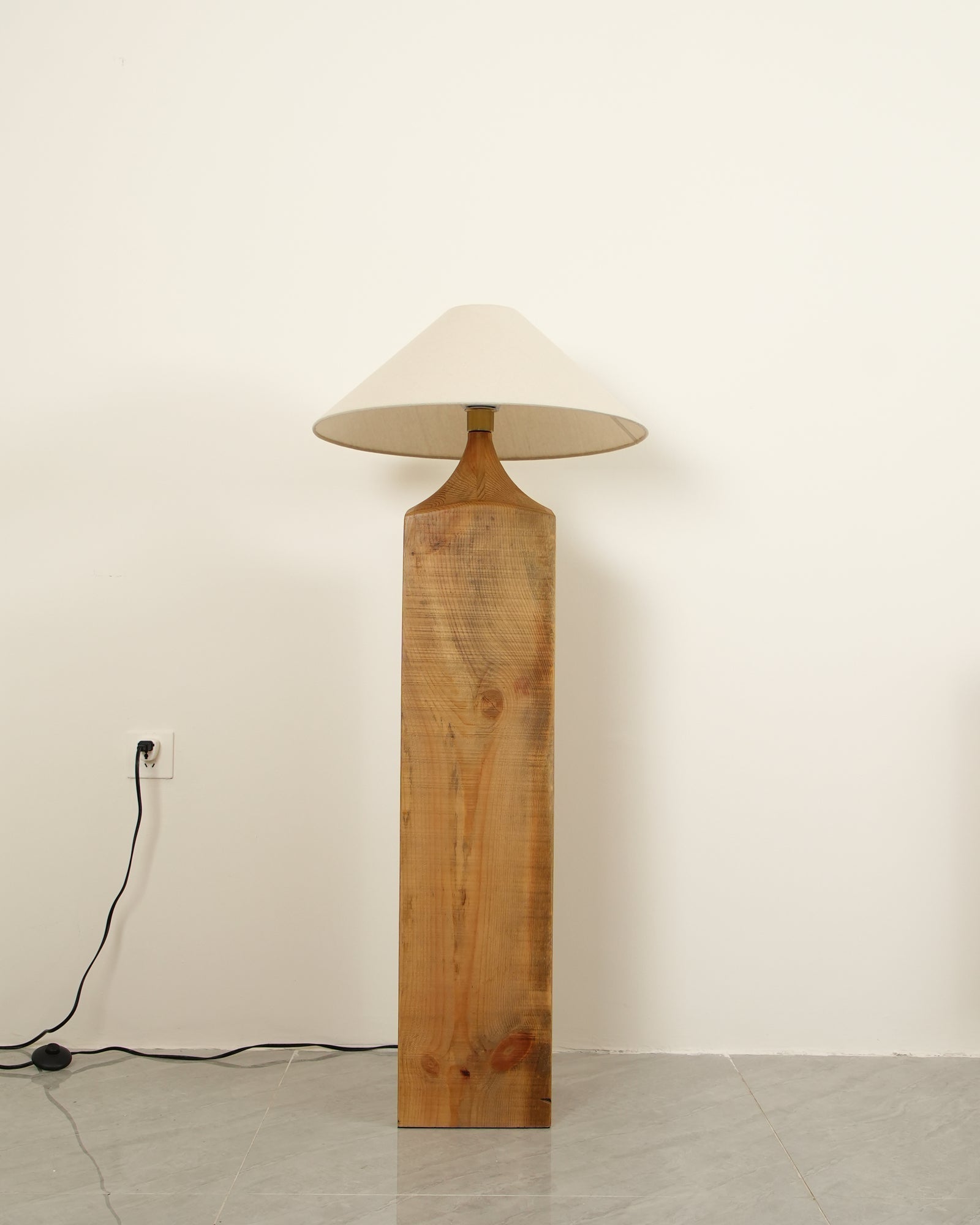 Rustic Wood Floor Lamp with Organic Texture and Beige Fabric Shade Standing Reading Light