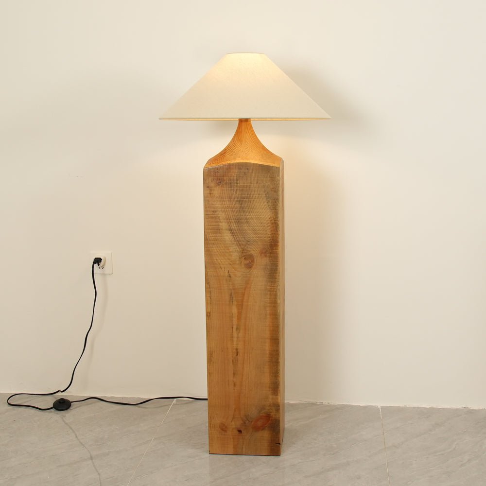 Rustic Wood Floor Lamp with Organic Texture and Beige Fabric Shade Standing Reading Light