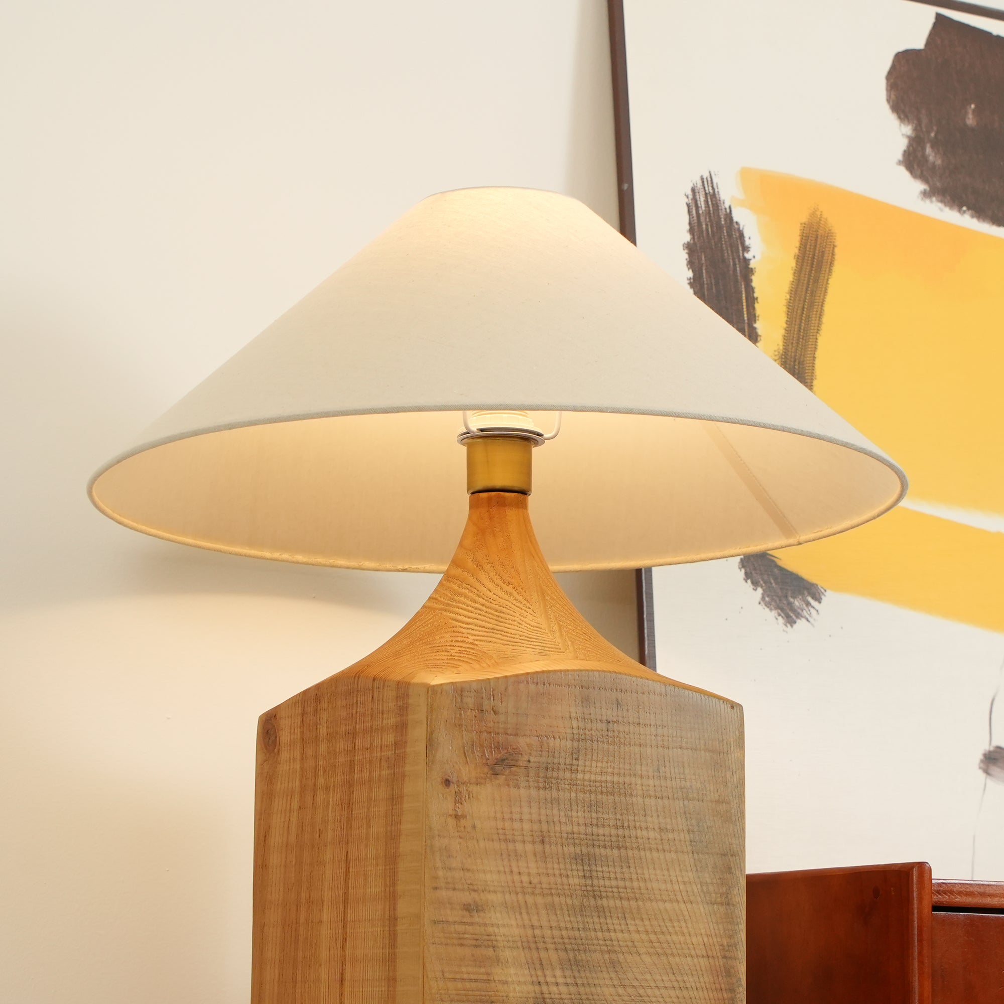 Rustic Wood Floor Lamp with Organic Texture and Beige Fabric Shade Standing Reading Light