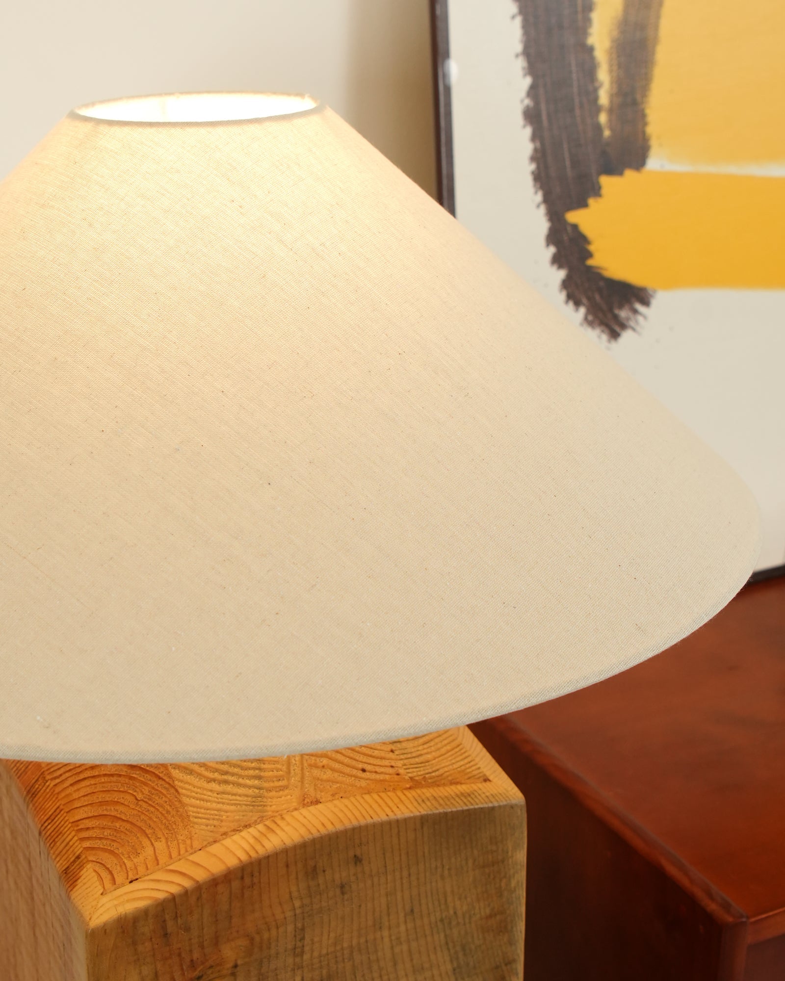 Rustic Wood Floor Lamp with Organic Texture and Beige Fabric Shade Standing Reading Light