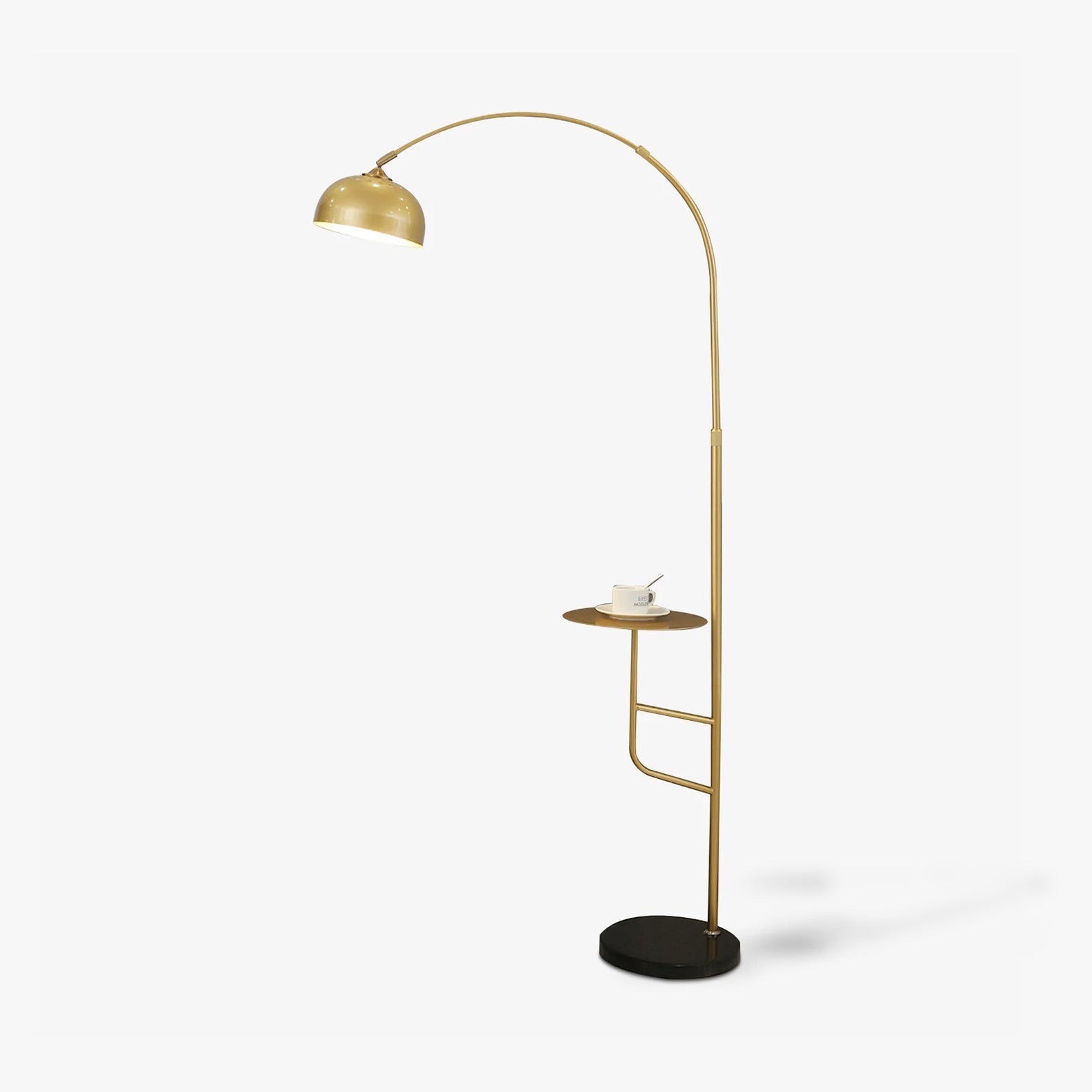 Arc Bell Metal Floor Lamp with Natural Marble Base and Integrated Side Table Tray