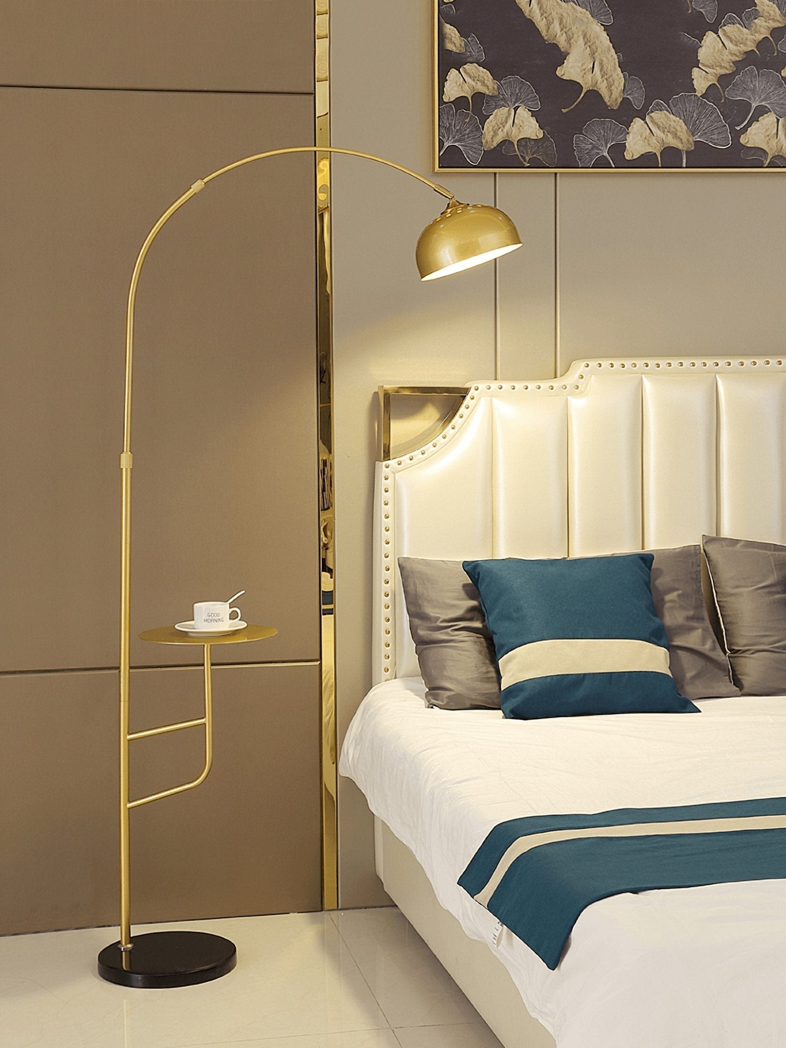 Arc Bell Metal Floor Lamp with Natural Marble Base and Integrated Side Table Tray