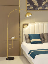 Arc Bell Metal Floor Lamp with Natural Marble Base and Integrated Side Table Tray