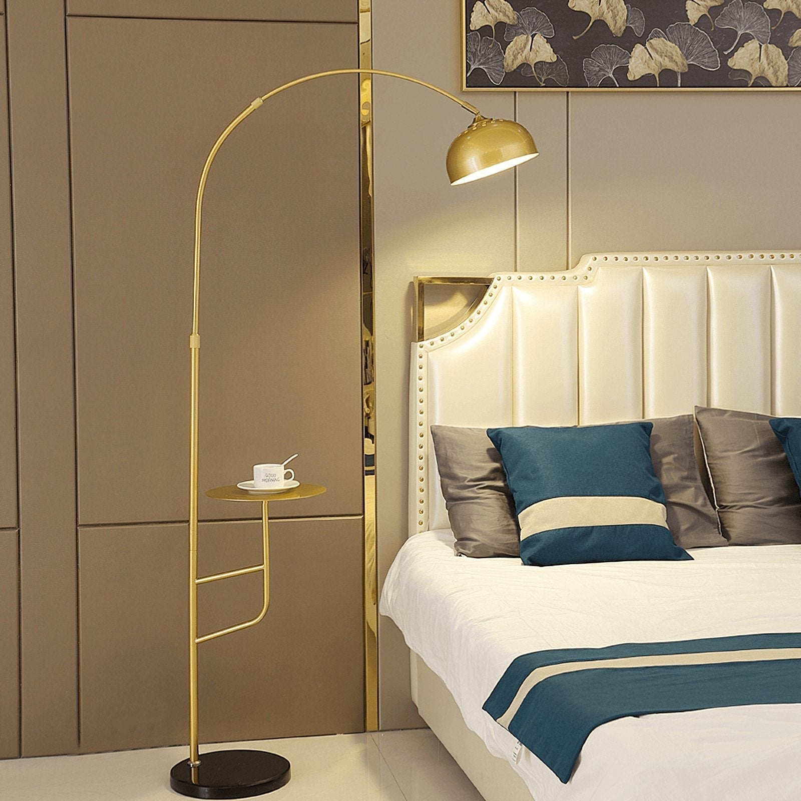 Arc Bell Metal Floor Lamp with Natural Marble Base and Integrated Side Table Tray