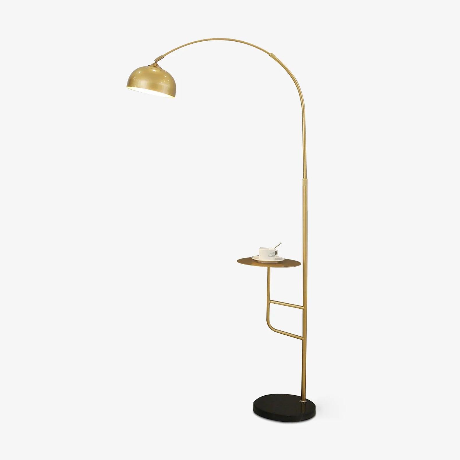 Arc Bell Metal Floor Lamp with Natural Marble Base and Integrated Side Table Tray