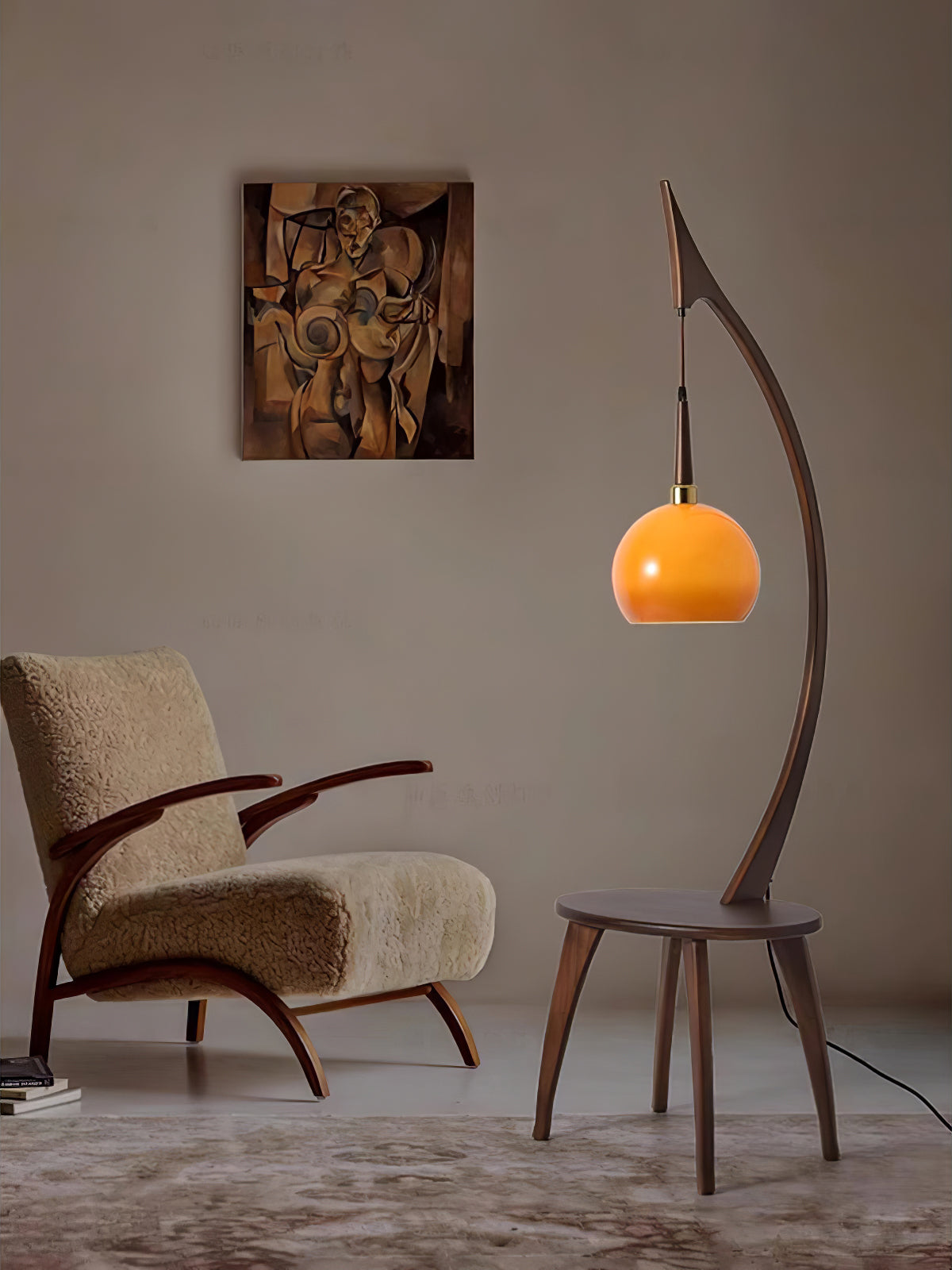 Walnut Wood Arched Floor Lamp with Integrated Side Table and Caramel Glass Shade