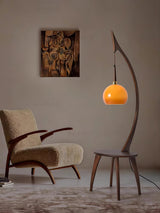 Walnut Wood Arched Floor Lamp with Integrated Side Table and Caramel Glass Shade