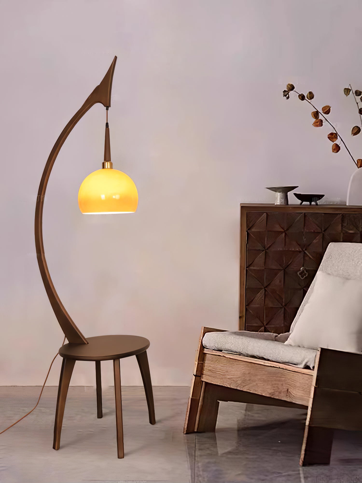 Walnut Wood Arched Floor Lamp with Integrated Side Table and Caramel Glass Shade