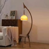 Walnut Wood Arched Floor Lamp with Integrated Side Table and Caramel Glass Shade