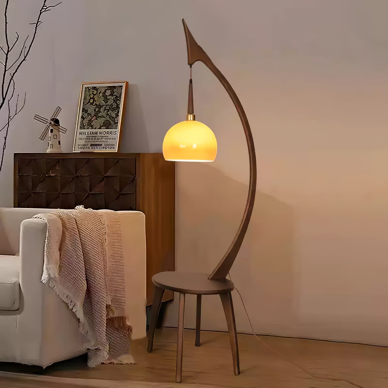 Walnut Wood Arched Floor Lamp with Integrated Side Table and Caramel Glass Shade