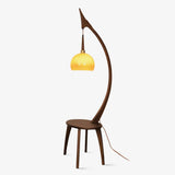 Walnut Wood Arched Floor Lamp with Integrated Side Table and Caramel Glass Shade