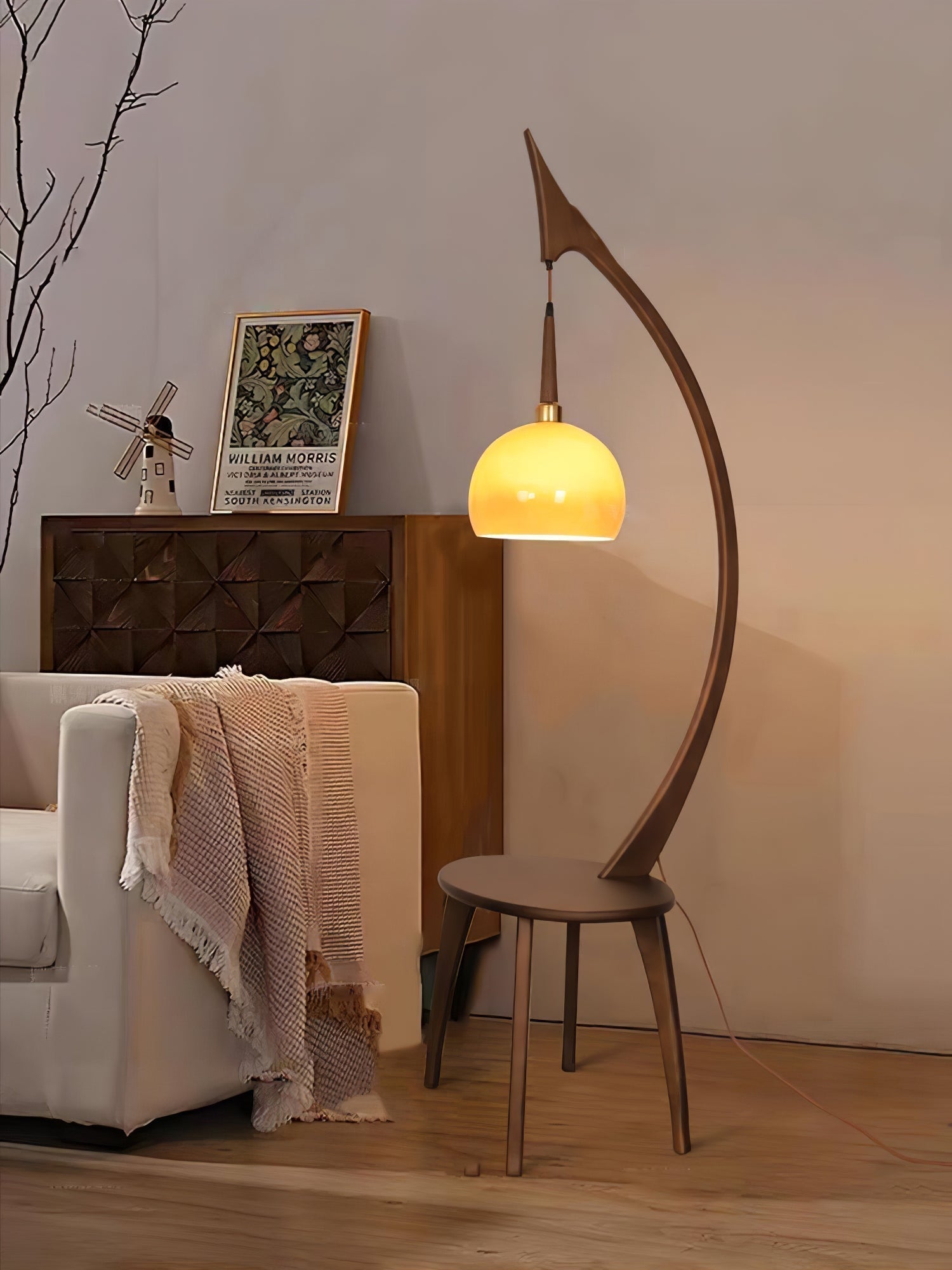 Walnut Wood Arched Floor Lamp with Integrated Side Table and Caramel Glass Shade