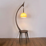Walnut Wood Arched Floor Lamp with Integrated Side Table and Caramel Glass Shade