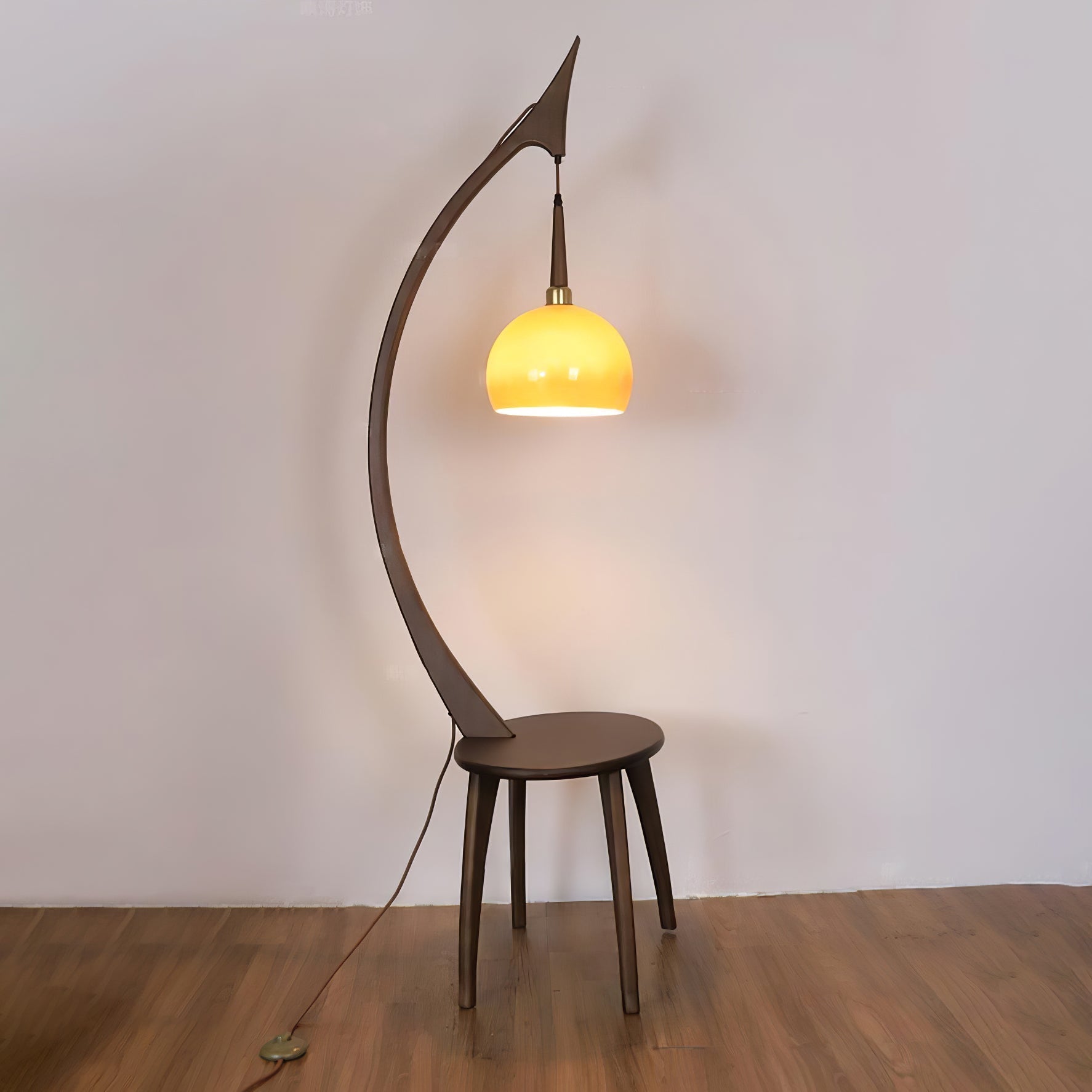 Walnut Wood Arched Floor Lamp with Integrated Side Table and Caramel Glass Shade