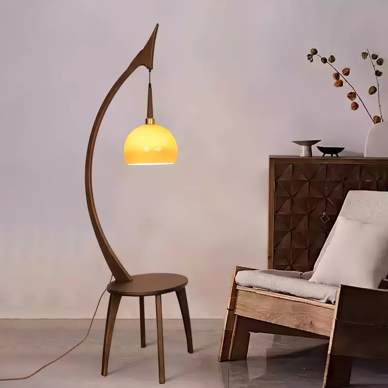 Walnut Wood Arched Floor Lamp with Integrated Side Table and Caramel Glass Shade