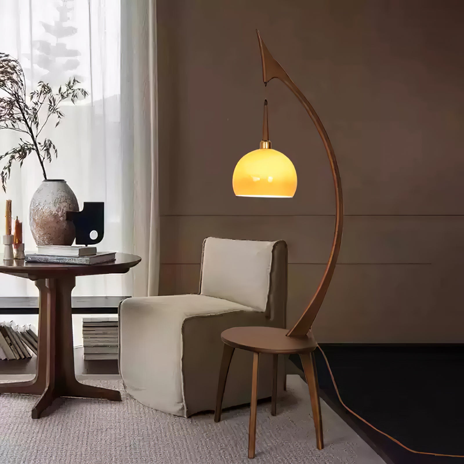 Walnut Wood Arched Floor Lamp with Integrated Side Table and Caramel Glass Shade