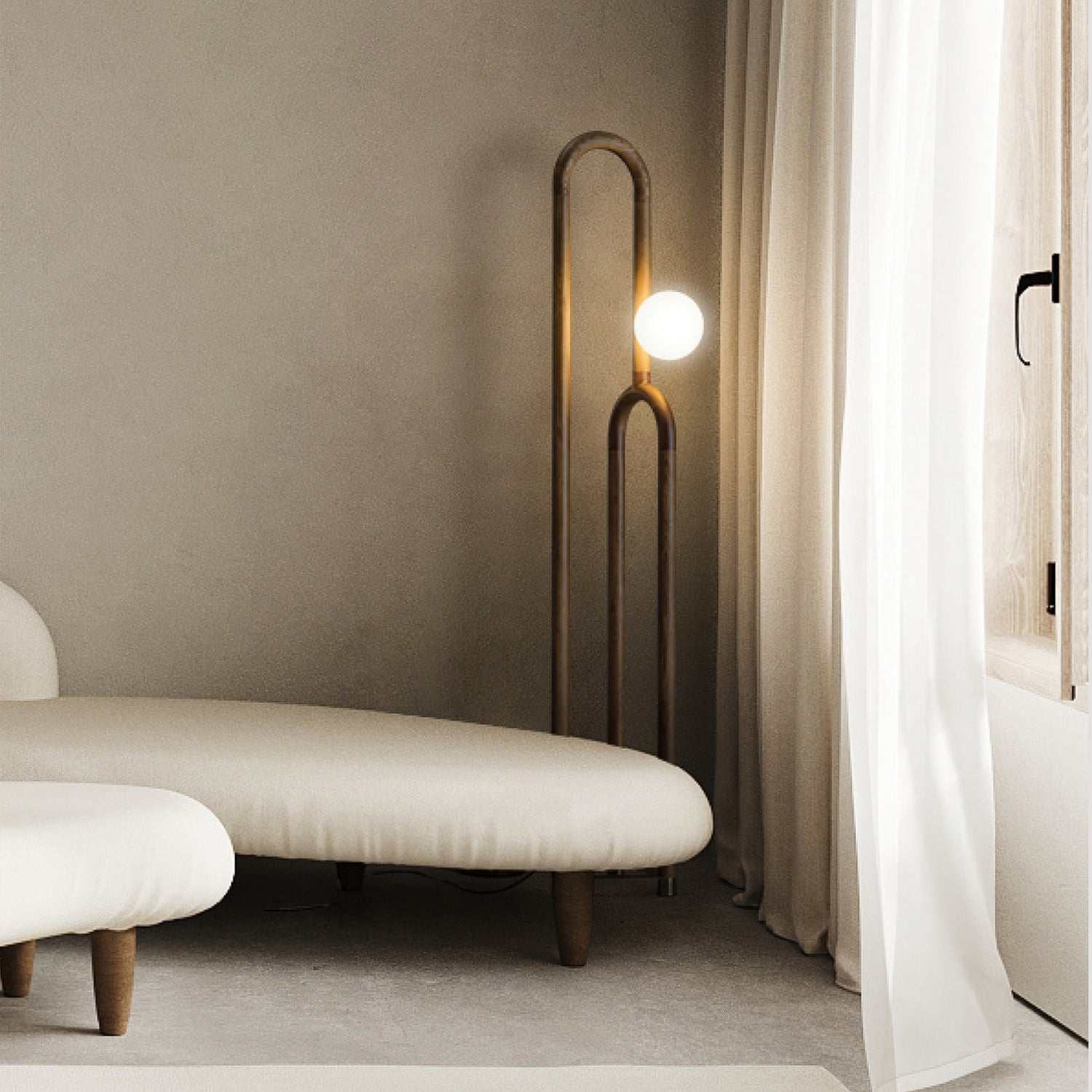 Modern Wood Arc Floor Lamp Minimalist Torchiere Standing Light with Acrylic Orb