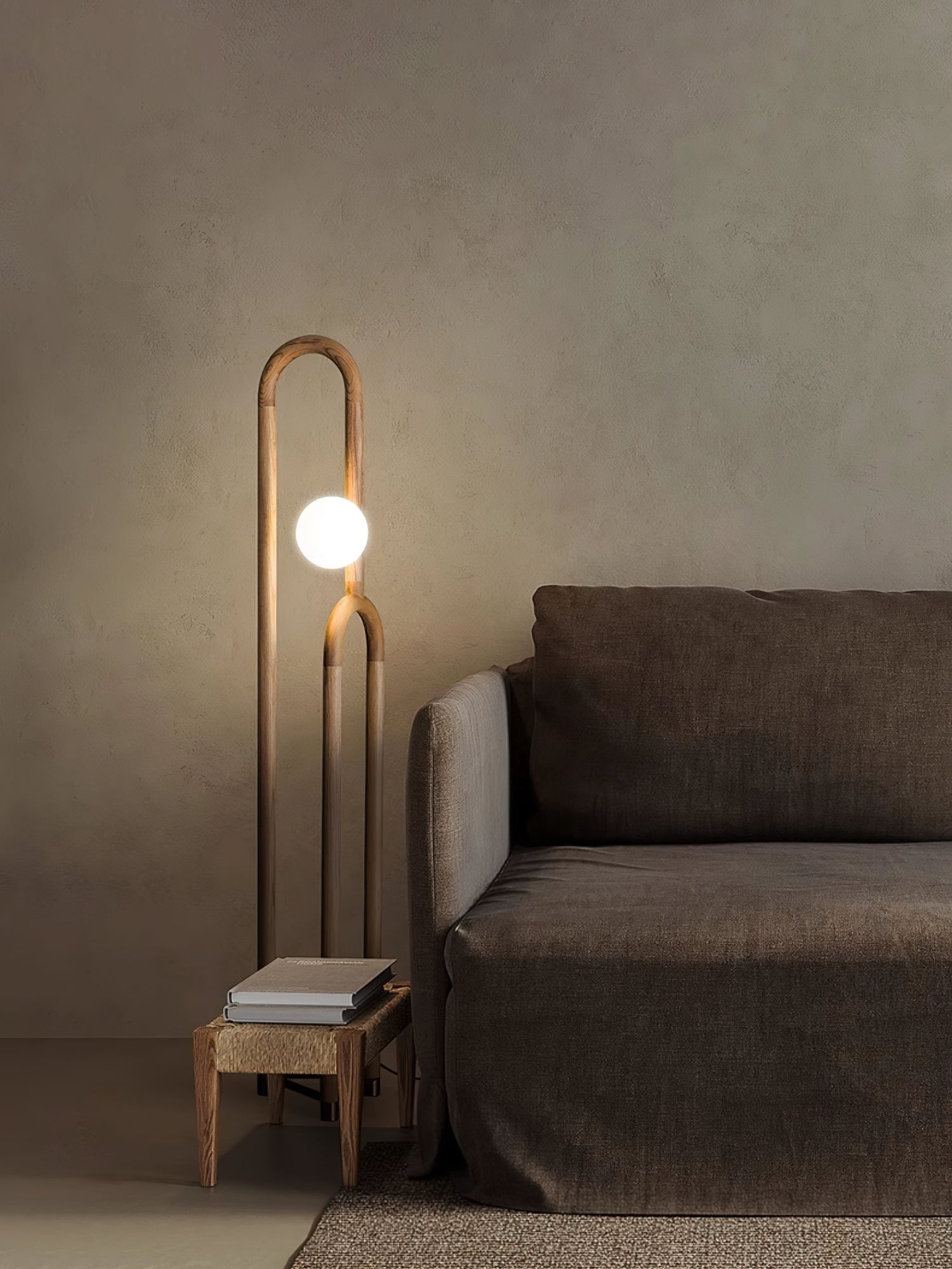 Modern Wood Arc Floor Lamp Minimalist Torchiere Standing Light with Acrylic Orb