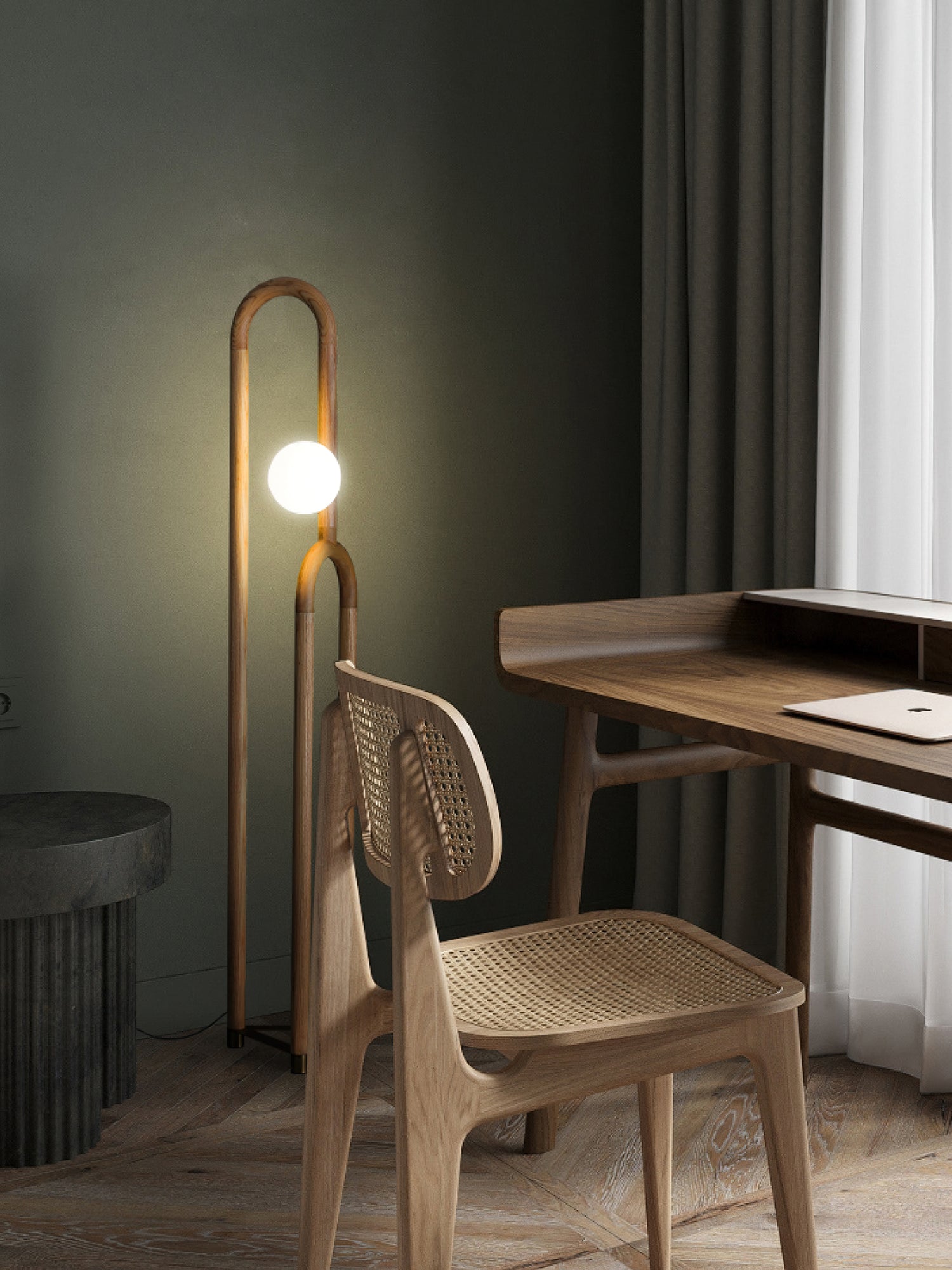 Modern Wood Arc Floor Lamp Minimalist Torchiere Standing Light with Acrylic Orb