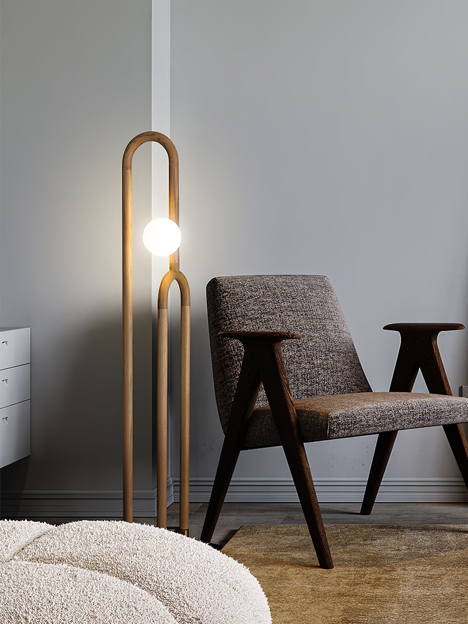 Modern Wood Arc Floor Lamp Minimalist Torchiere Standing Light with Acrylic Orb