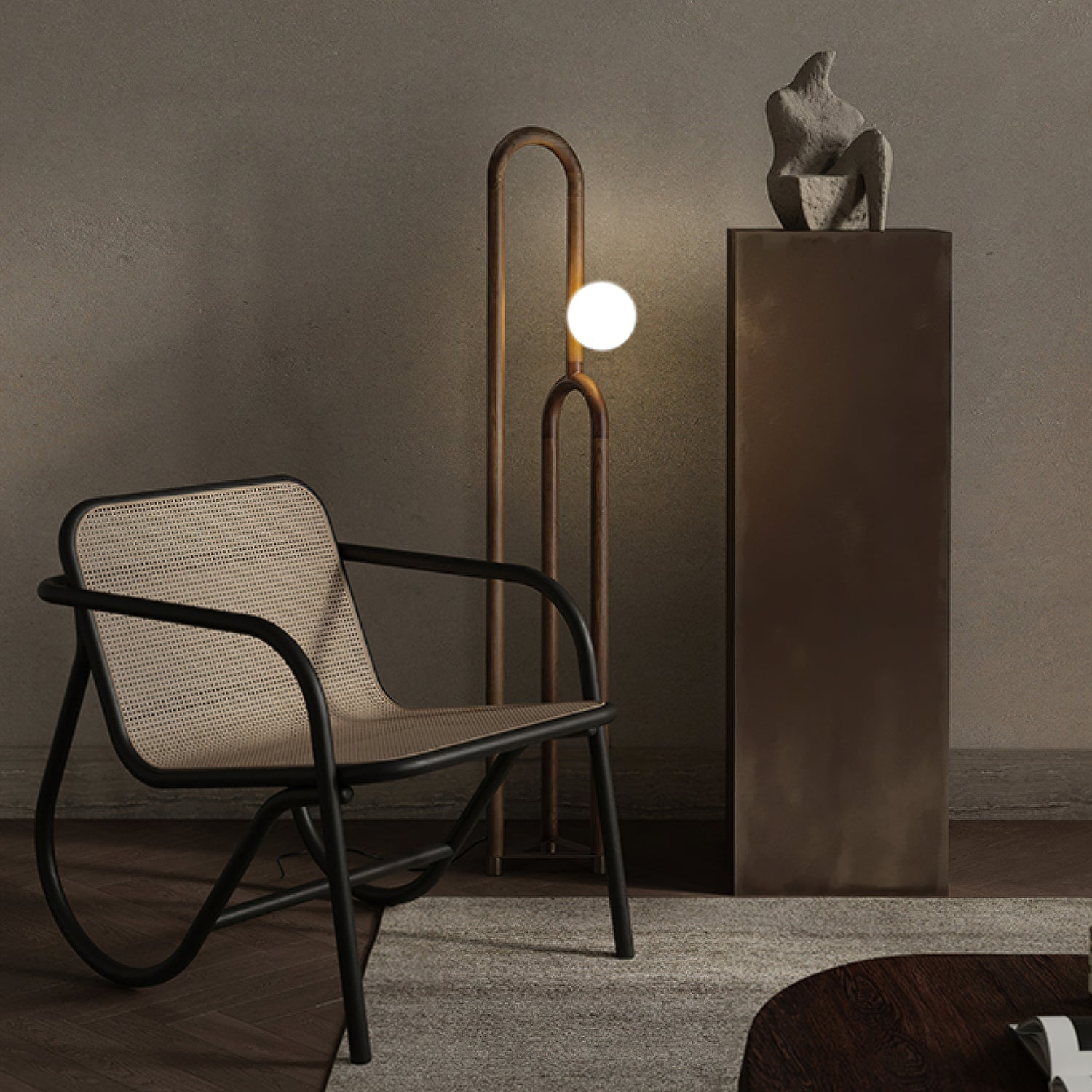 Modern Wood Arc Floor Lamp Minimalist Torchiere Standing Light with Acrylic Orb