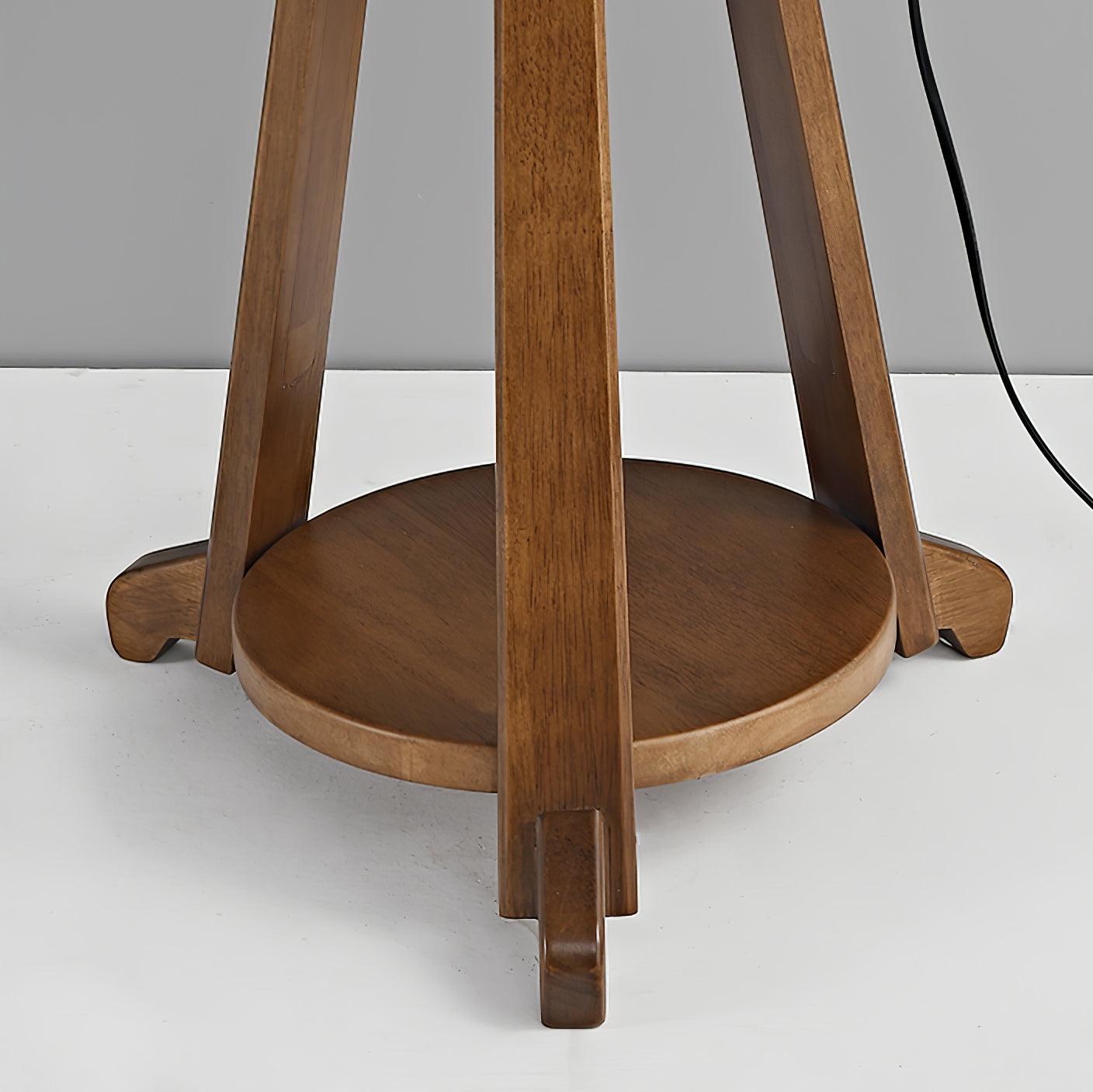 Modern Walnut Wood Arc Floor Lamp with Integrated Side Table and Fabric Shade