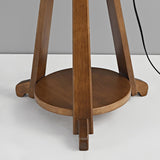 Modern Walnut Wood Arc Floor Lamp with Integrated Side Table and Fabric Shade
