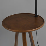 Modern Walnut Wood Arc Floor Lamp with Integrated Side Table and Fabric Shade