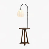 Modern Walnut Wood Arc Floor Lamp with Integrated Side Table and Fabric Shade