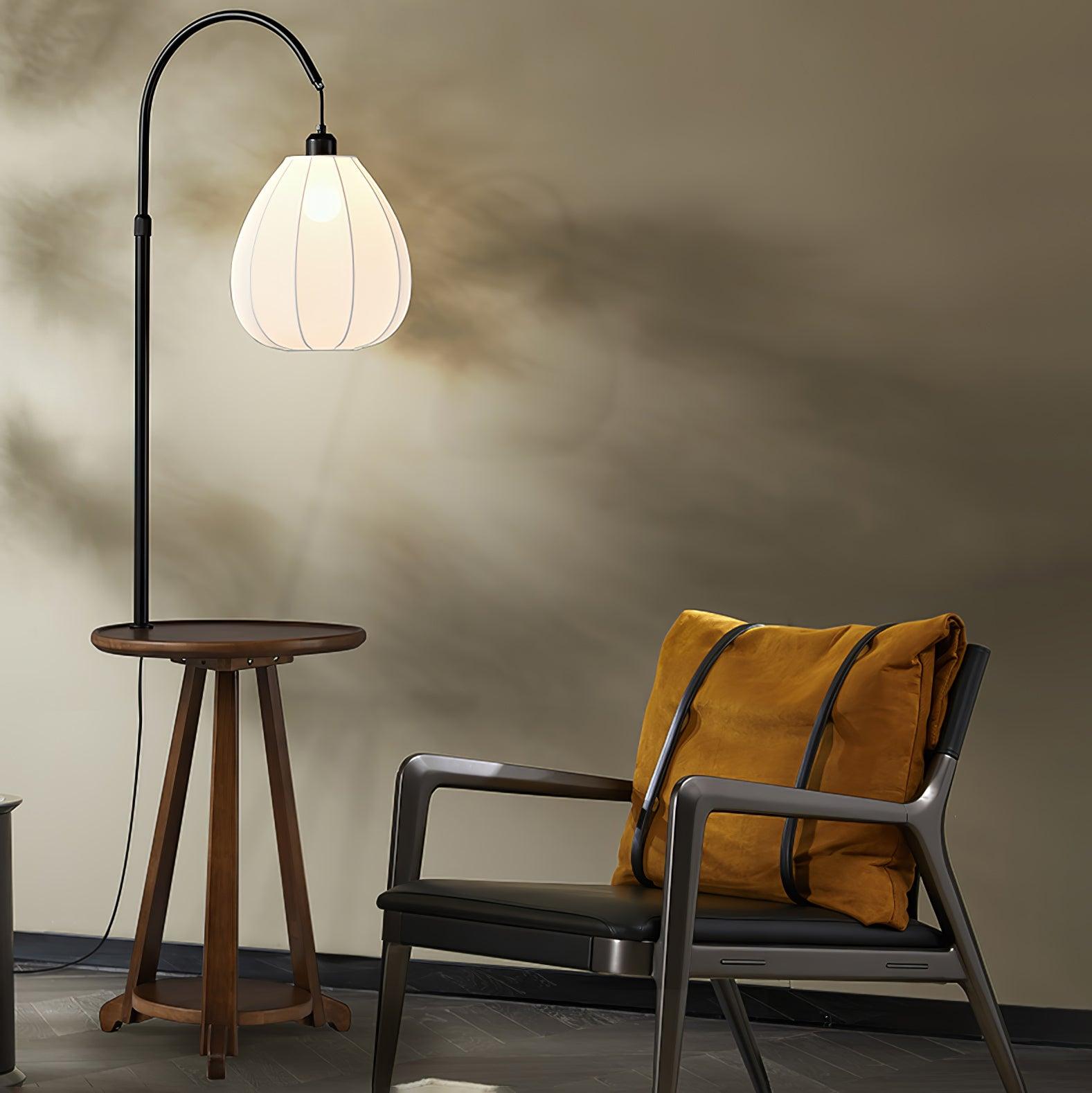 Modern Walnut Wood Arc Floor Lamp with Integrated Side Table and Fabric Shade